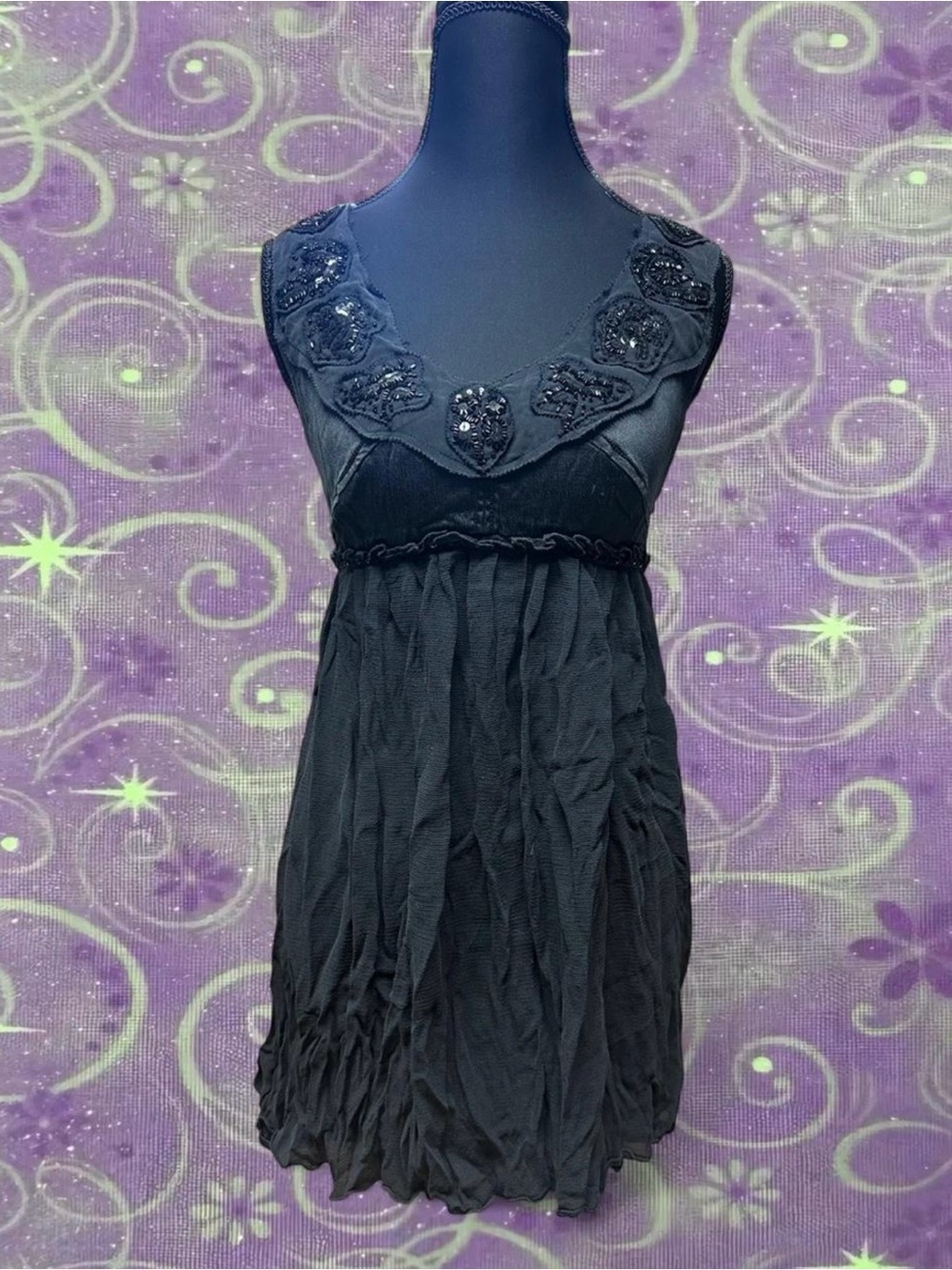 Leon Max Limited Edition Black Beaded Silk Babydoll Dress Y2K Fairycore Boho 6 M